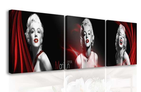 Tablou Pe Panza Multicanvas, Marilyn Monroe pe un fundal negru, 135 x 45