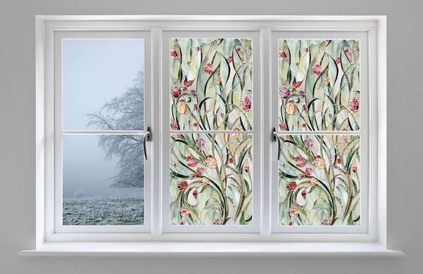 Window Privacy Film, Decorative stained glass window with red flowers, 60 x 90cm, Transparent, Window Film