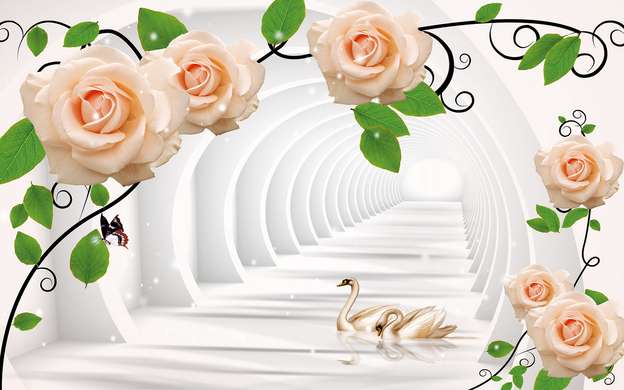 3Д Фотообои - Персиковые Розы и лебеди на фоне тоннеля