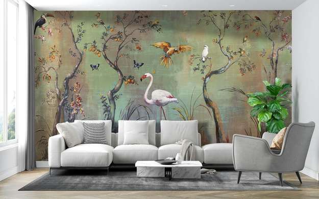 Wall Mural - Flamingos and tropical birds and trees on a green background