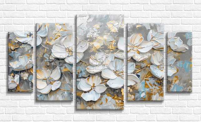 Modular picture, White flowers with golden elements, 108 х 60