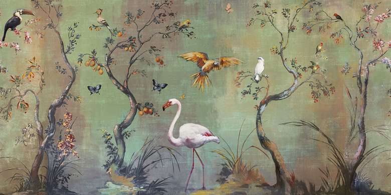 Фотообои - Фламинго и тропические птицы и деревья на зеленом фоне