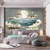 Wall mural for the nursery - Moon, Ships and a whale in the clouds