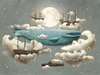 Wall mural for the nursery - Moon, Ships and a whale in the clouds