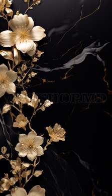 Poster - Golden flowers on a black background, 45 x 90 см, Framed poster on glass, Flowers