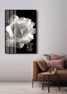 Постер - Белая роза с золотым контуром, 60 x 90 см, Постер на Стекле в раме, Цветы