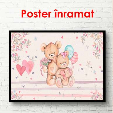 Постер - Мишки на розовом фоне, 90 x 45 см, Постер в раме, Для Детей