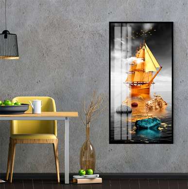 Постер - Золотой корабль, 45 x 90 см, Постер на Стекле в раме, Морская Тематика