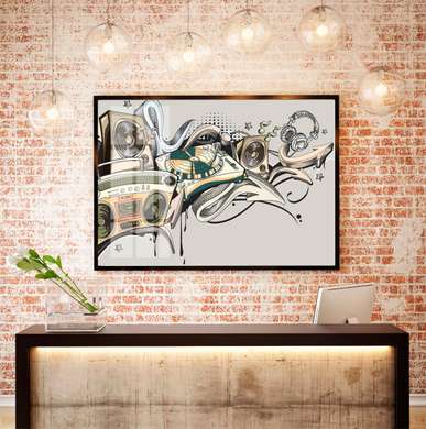 Poster - Abstract wall with musical instruments, 90 x 60 см, Framed poster on glass, Music