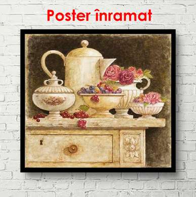 Постер - Чайный сервиз на столе, 100 x 100 см, Постер в раме, Прованс