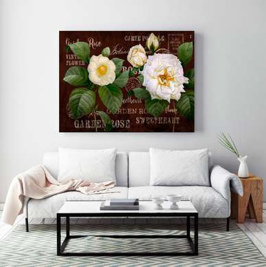Poster - White large peonies with green leaves on a brown background, 90 x 60 см, Framed poster, Botanical