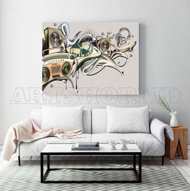 Poster - Abstract wall with musical instruments, 90 x 60 см, Framed poster, Music