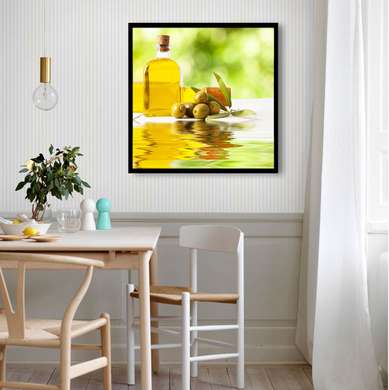 Poster - Glass bottle with olive oil, 100 x 100 см, Framed poster on glass, Food and Drinks