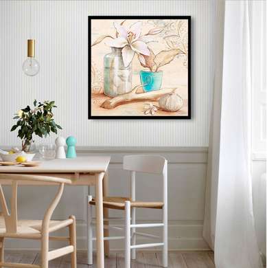 Poster - Blue pot on the table, 100 x 100 см, Framed poster, Provence