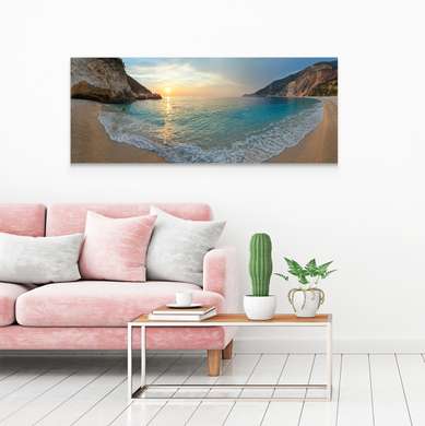 Poster - Coasta mării la apus de soare, 90 x 30 см, Panza pe cadru, Tema Marină