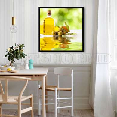 Постер - Стеклянная бутылка с оливковым маслом, 100 x 100 см, Постер на Стекле в раме, Еда и Напитки