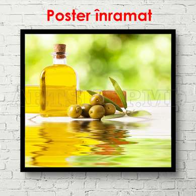 Poster - Sticlă cu ulei de măsline, 100 x 100 см, Poster inramat pe sticla, Alimente și Băuturi