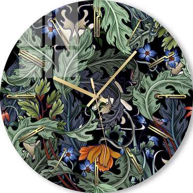 Glass clock - Leaves on a black background, 40cm