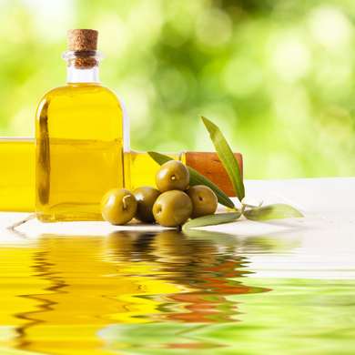 Постер - Стеклянная бутылка с оливковым маслом, 100 x 100 см, Постер в раме, Еда и Напитки