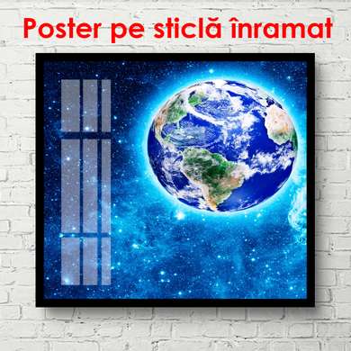 Poster - Earth against the background of a blue galaxy, 100 x 100 см, Framed poster on glass, Nature