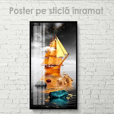 Постер - Золотой корабль, 45 x 90 см, Постер на Стекле в раме, Морская Тематика