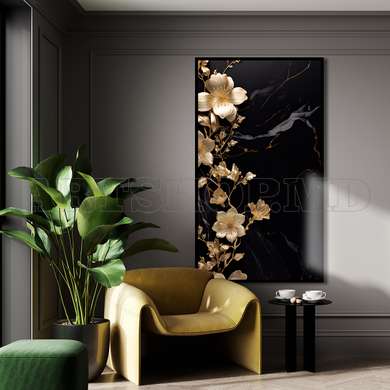 Poster - Golden flowers on a black background, 45 x 90 см, Framed poster on glass, Flowers