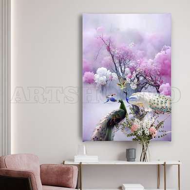 Poster - The pink park peacocks, 45 x 90 см, Framed poster on glass, Animals