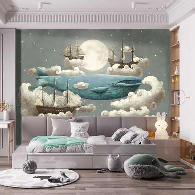 Wall mural for the nursery - Moon, Ships and a whale in the clouds