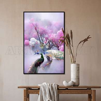 Poster - The pink park peacocks, 45 x 90 см, Framed poster on glass, Animals