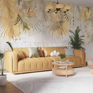 Wall mural - Pale golden leaves on light background