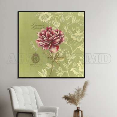 Poster - Pink flower on a green background, 100 x 100 см, Framed poster on glass, Provence
