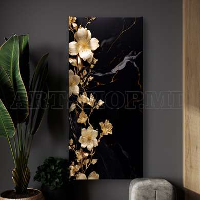 Poster - Golden flowers on a black background, 45 x 90 см, Framed poster on glass, Flowers