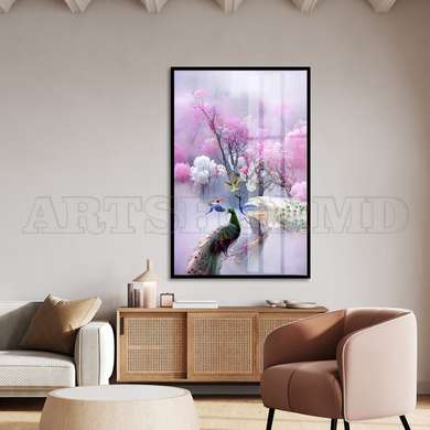 Poster - The pink park peacocks, 45 x 90 см, Framed poster on glass, Animals