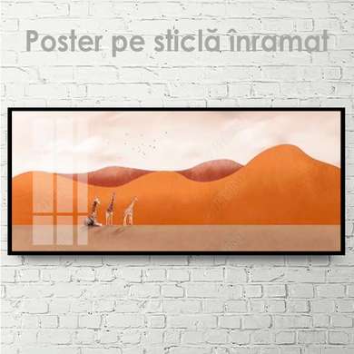 Poster - Girafele în pustiu, 150 x 50 см, Poster inramat pe sticla