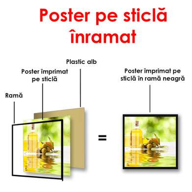Poster - Glass bottle with olive oil, 100 x 100 см, Framed poster