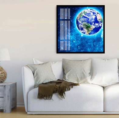 Poster - Earth against the background of a blue galaxy, 100 x 100 см, Framed poster