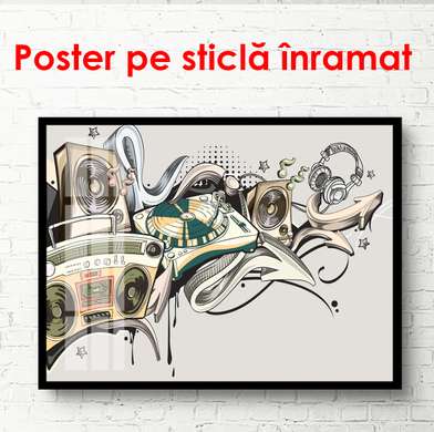 Poster - Perete abstract cu instrumente muzicale, 90 x 60 см, Poster inramat pe sticla