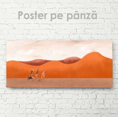Постер - Жирафы в пустыне, 150 x 50 см, Постер на Стекле в раме, Природа