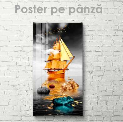 Poster - Golden ship, 45 x 90 см, Framed poster on glass, Marine Theme
