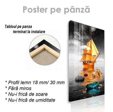 Poster - Golden ship, 45 x 90 см, Framed poster on glass, Marine Theme