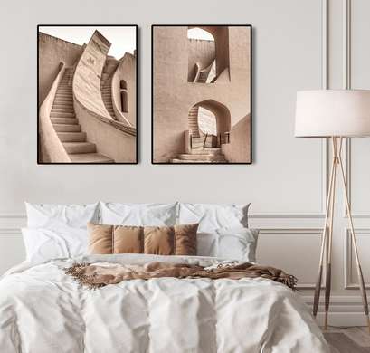 Poster - Architectural elements in beige shades, 40 x 60 см, Framed poster on glass