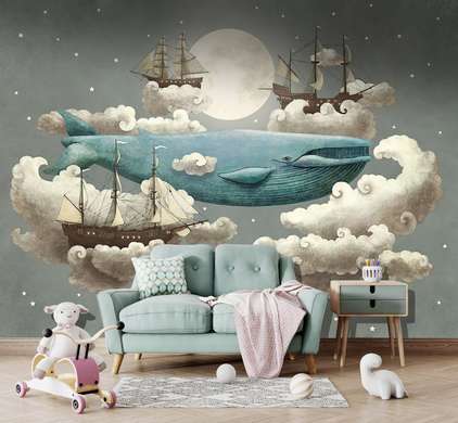 Wall mural for the nursery - Moon, Ships and a whale in the clouds