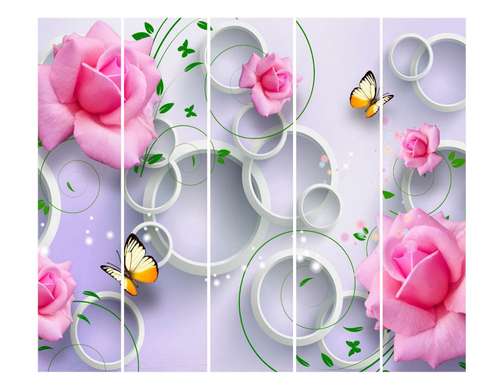Paravan - Fluturi și trandafiri roz și cercuri albe, 7