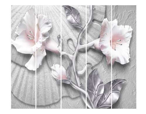 Ширма - Белые цветы с серебряными листьями на серебряном фоне, 7