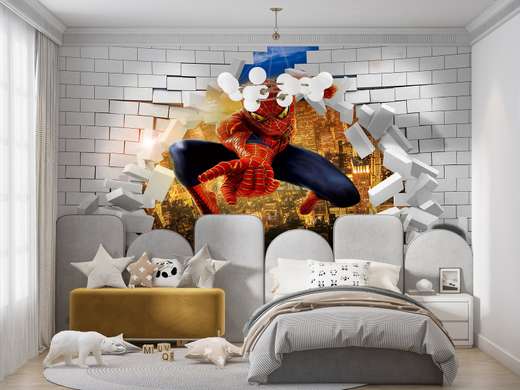 3D Wallpaper - Spiderman on the background of a broken wall