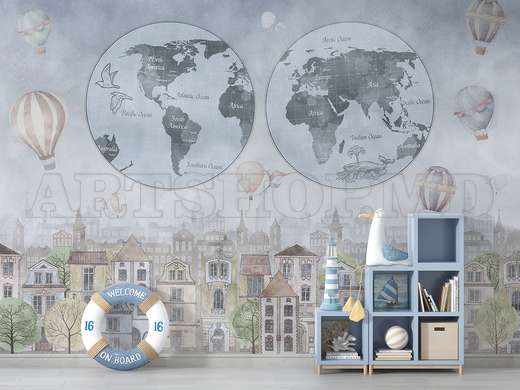 Wall Mural - Earth with World Map and city buildings in blue colors