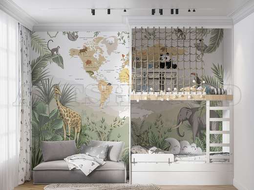 Wall Mural - World map with animals and jungle, in Romanian