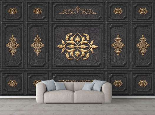 Wall Mural - Golden patterns on a gray wall in a classic style