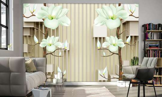 3D Wallpaper - Beige flowers on a brown striped background