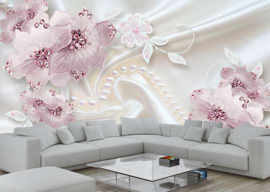 3D Wallpaper, Pink flowers on a white background.